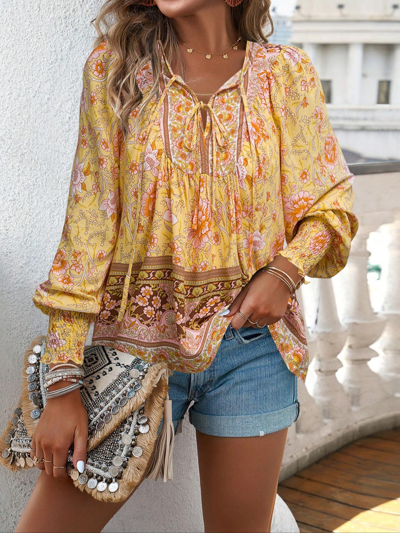 Women's All Over Boho Style Floral Print Tie Front Long Sleeve Blouse, Boho Cottagecore Blouse, Boho Chic Sleeve, Boho Casual V Neck Longsleeves Bishop Sleeve Frill Trim Top for Fall & Winter