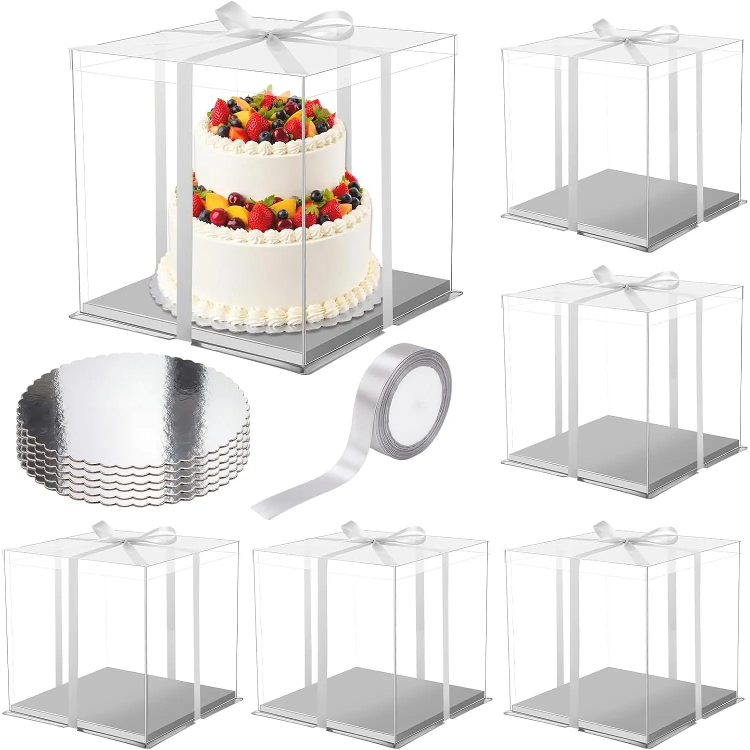 6 Pack 12''x12''x10''  Cake Box with Cake Boards and Ribbon | Large Clear Taller Box Carrier Tiered Transparent  Container with Lid & Round Board for Birthday Festival Wedding Party