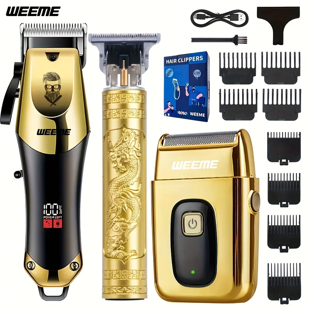 WEEME 3pcs Men's electric hairdresser set, hairdresser hairdresser set, household electric hairdresser set, USB charging electric hairdresser, Cordless Clipper, alloy knife head, LCD display, carving shape, household car travel use, Father's Day gift