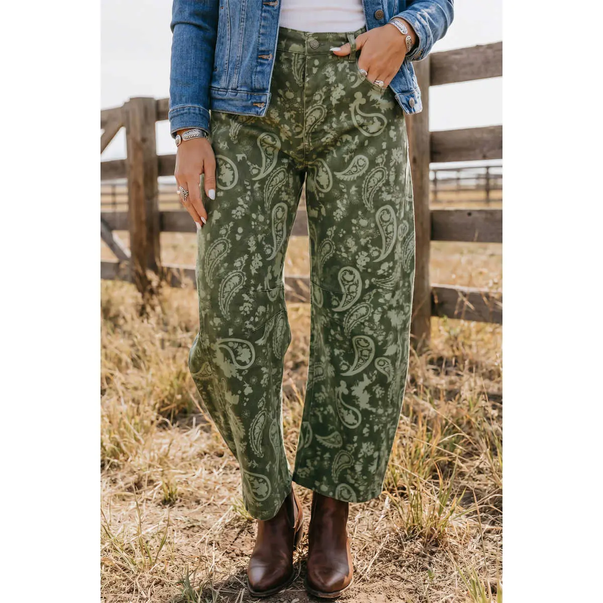 Green Paisley Print Harem Denim Pants