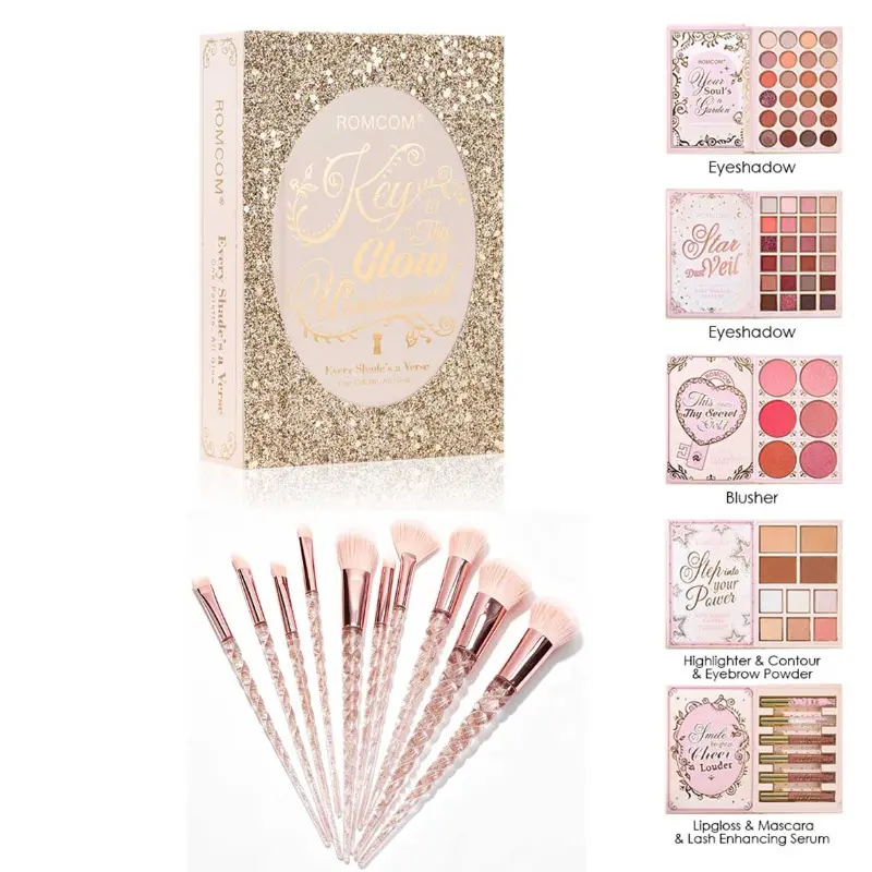 Gilded all-in-one makeup palette with a set of 10 unicorn makeup brushes, multi-functional with eyeshadow, blush, contour and lip mud, versatile shades suitable for makeup beginners,