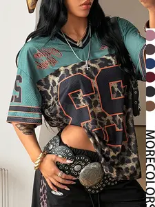Y2K Retro Style Peregrinate 23 Leopard Print Jersey Top, Loose Fitted V-Neck Sport Tee, Hip-Hop Streetwear, Athletic Fashion for All Seasons