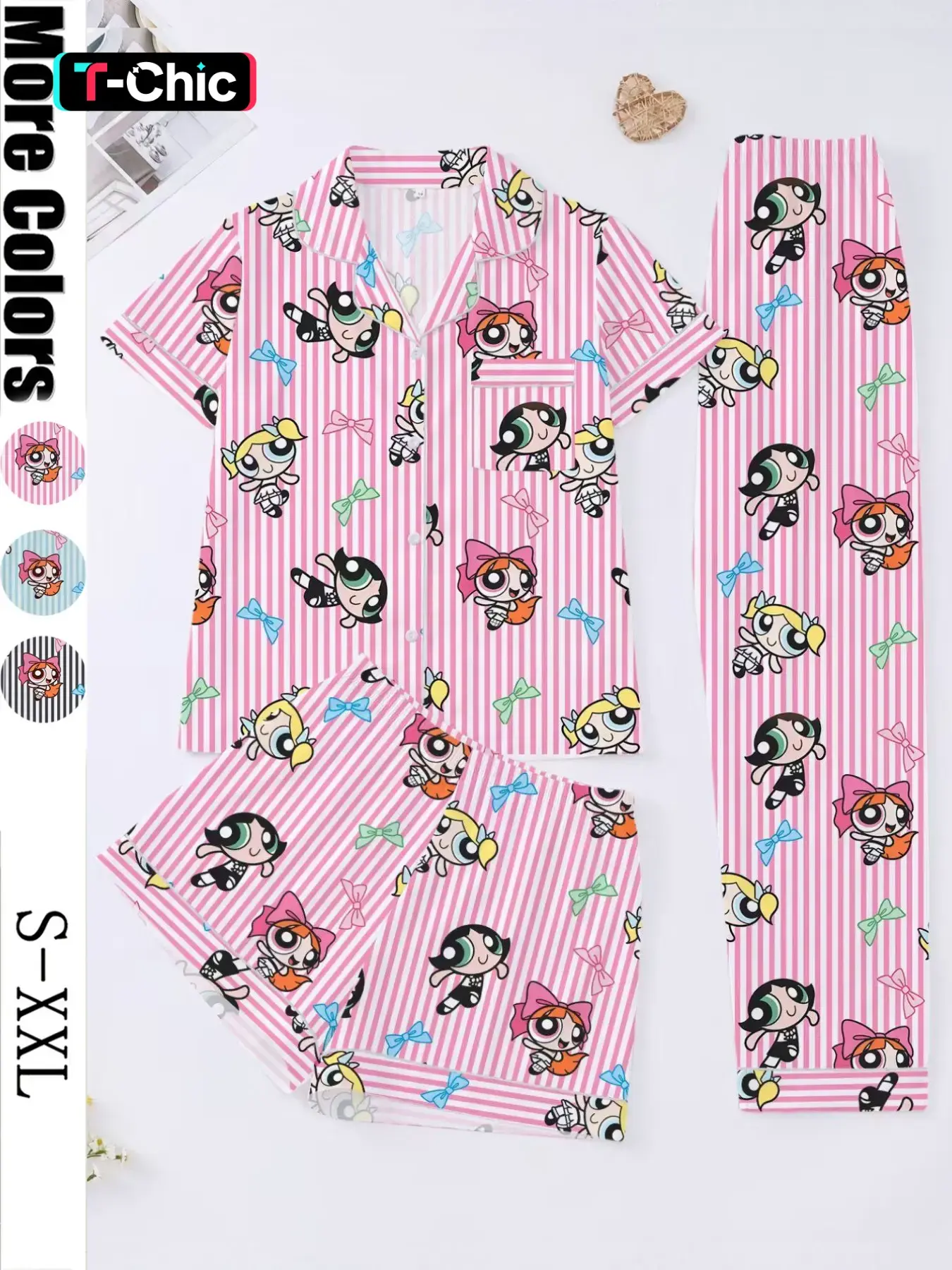Women's 3-Piece Striped Pajama Set, Casual Cartoon Print Sleepwear, Soft Fitted Top, Elastic Shorts & Pants, Elegant Daily & Party Wear, Pjs