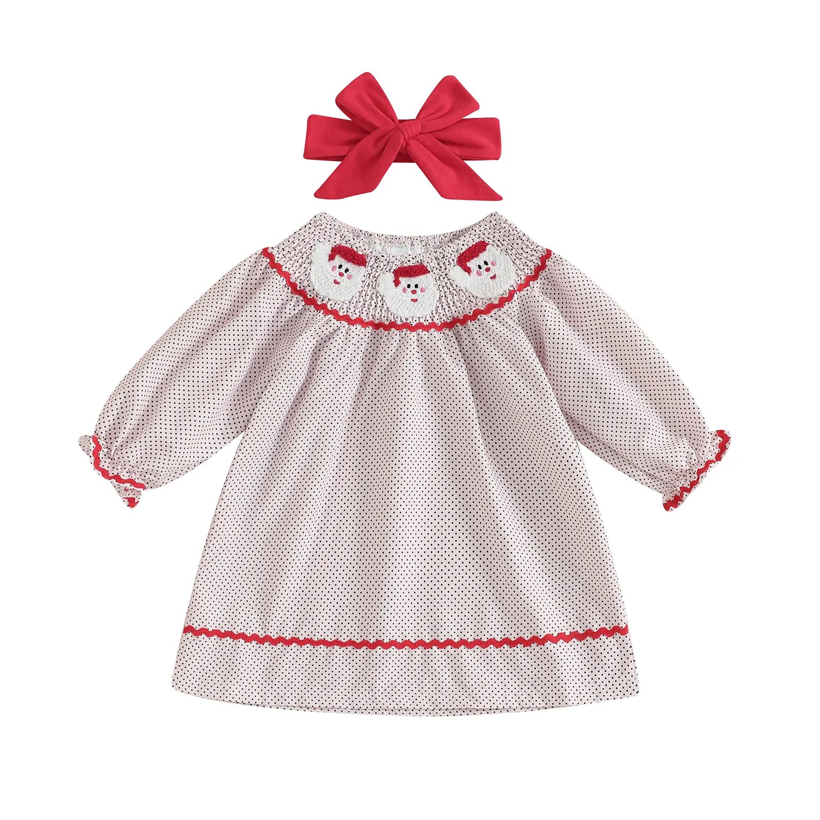 Toddler Baby Little Girl Dress Christmas Long Sleeve Dot Print Santa Claus Embroidery Dress with Headband Set Fall Winter 6M-3T