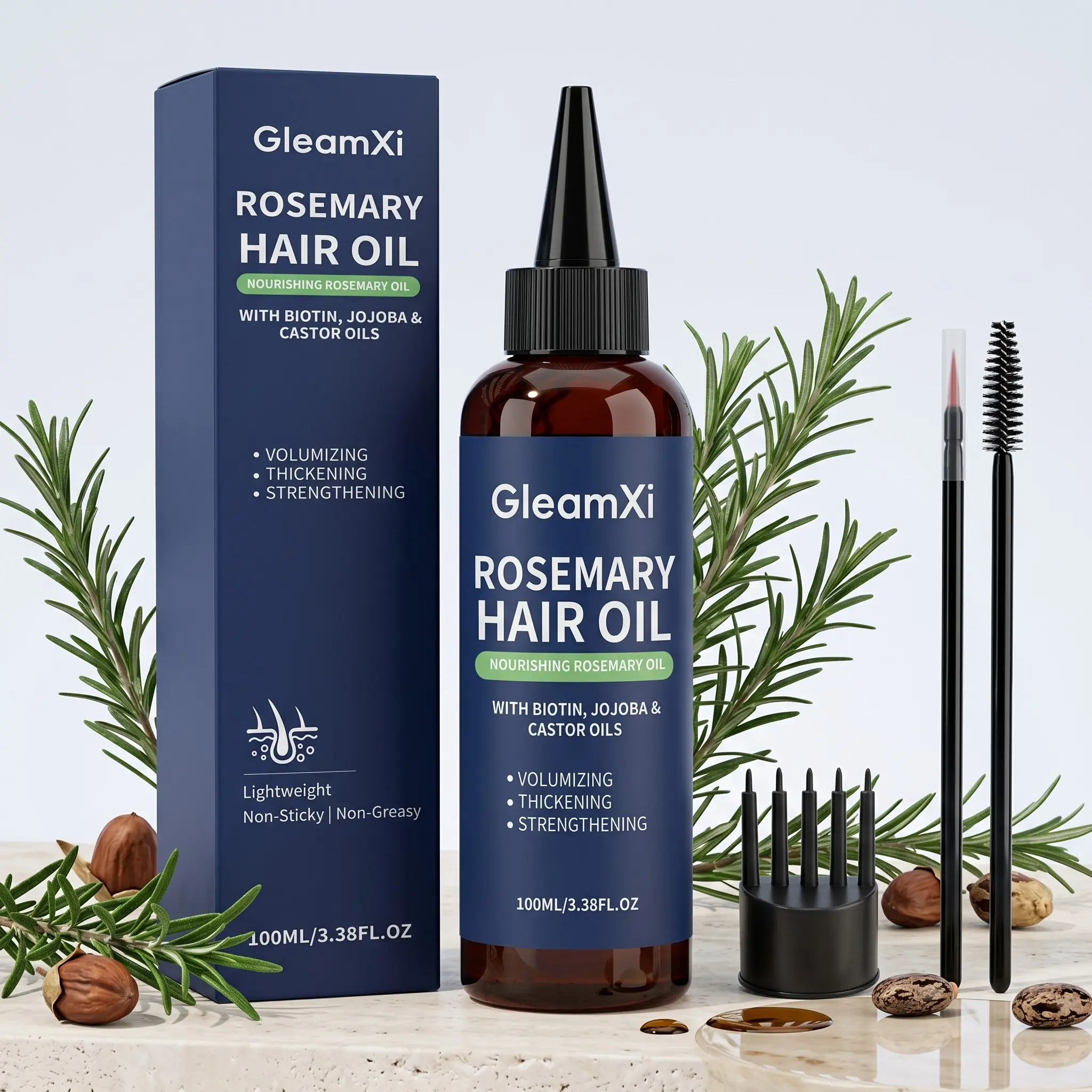 Rosemary Nourishing Thickening Hair Oil (100ML), Herbal Formula, Strengthens Roots, Softens Hair, Lightweight Volumizing, Natural Shine