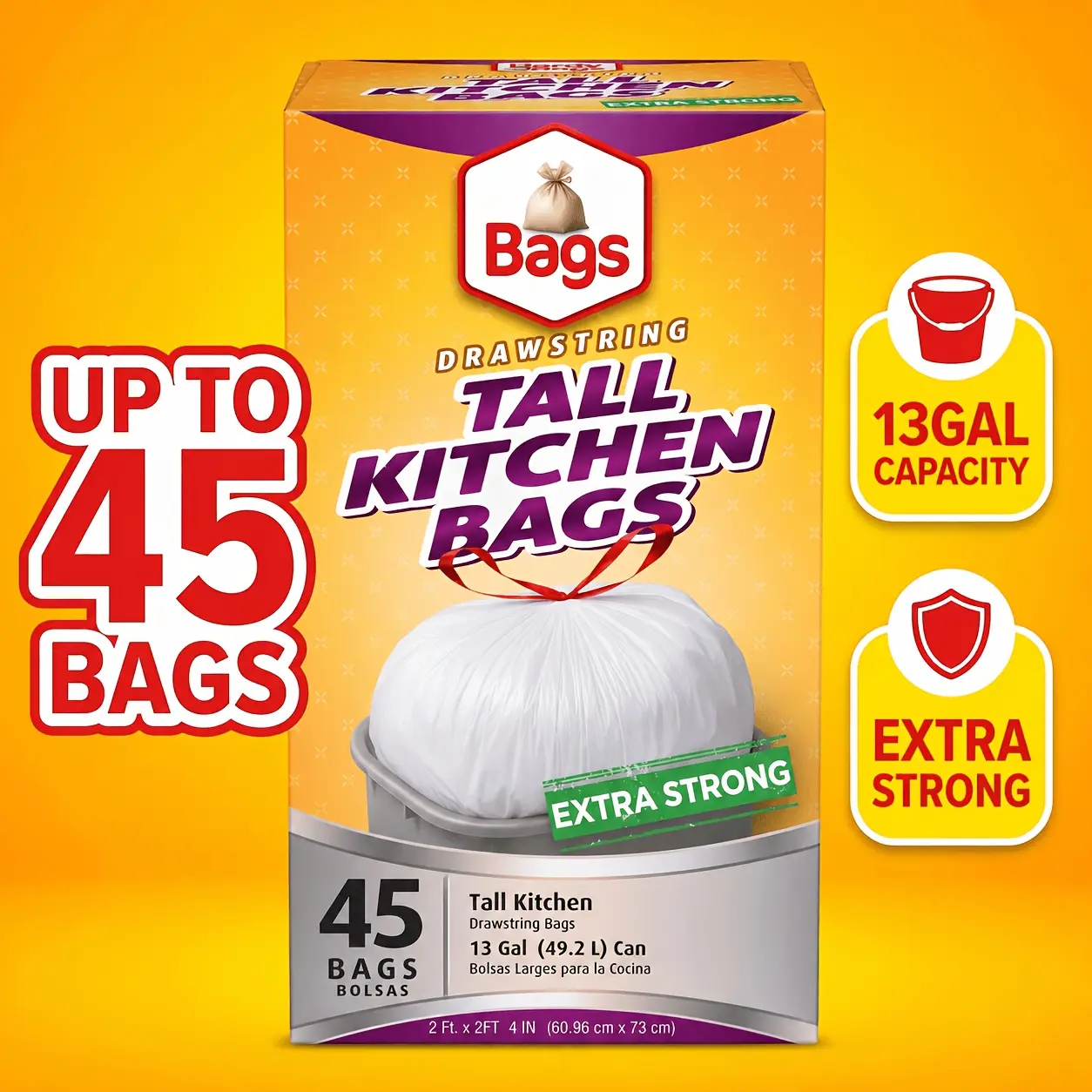 Box Of 45 Bags 13 Gallon Expandable Heavy-Duty Plastic Multipurpose Garbage Bags - Super Strong, Leak-Resistant, And Odor-Proof for Bedroom, Kitchen, Living Room, Outdoor, And Toilet Use Trash Bag - Waste Solution - Disposable, Convenient And Sanitary