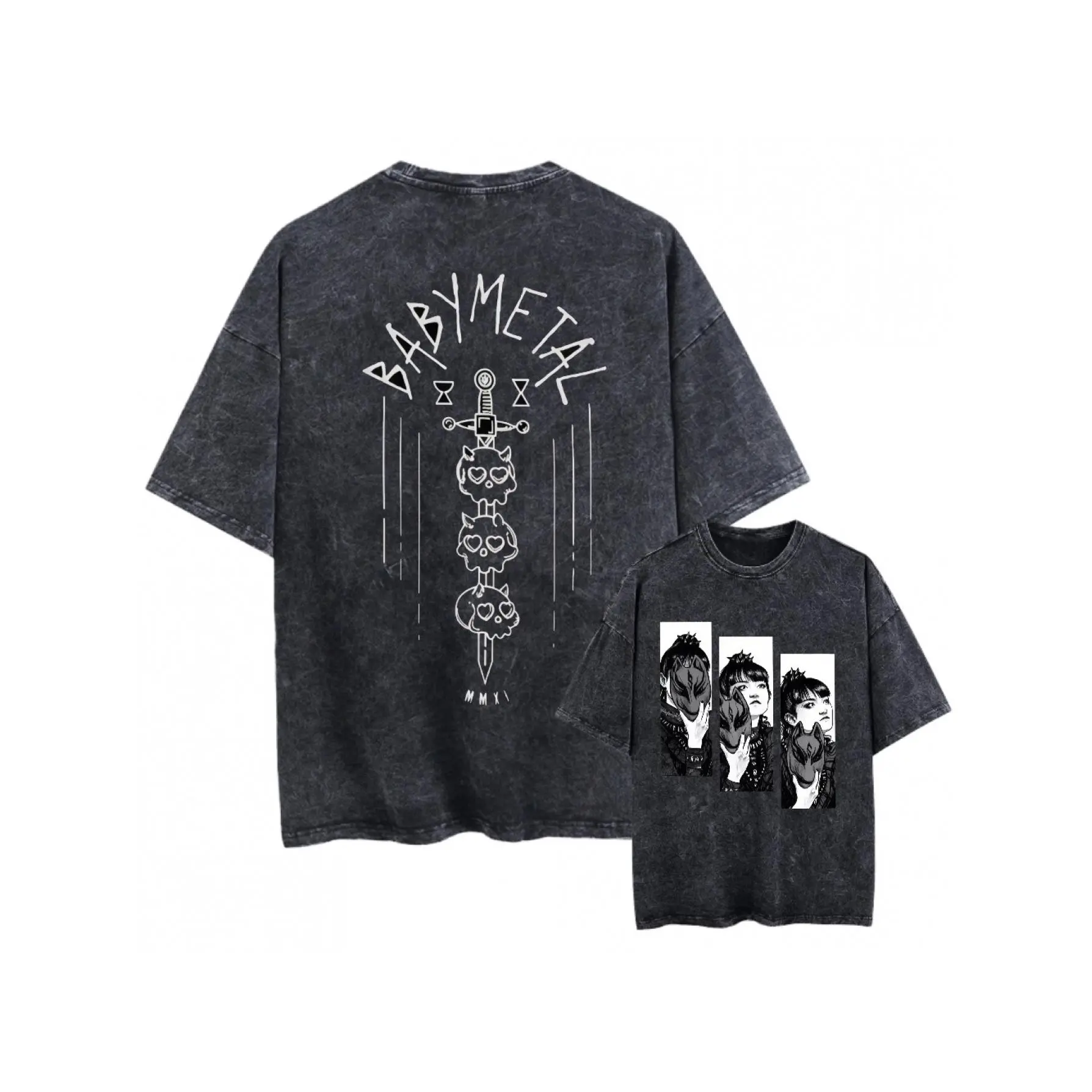 Men's Vintage Washed Cotton Knit Graphic T-Shirt - US Shortsleeve Crew Neck, Stretch Fabric, Double-Sided Babymetal Japanese Metal Band Skull Sword & Member Portrait Print, Regular Fit Goth Rock Menswear Tops, Machine Washable