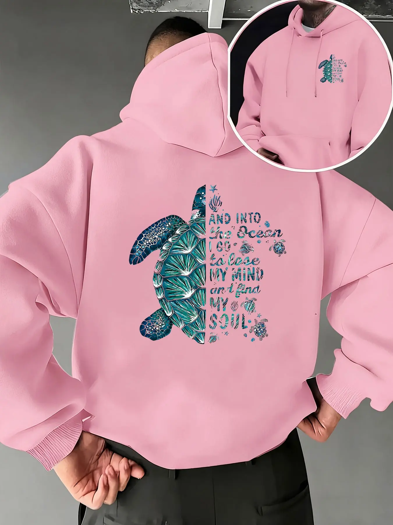 Unisex Ocean Turtle Hoodie, Geometric Print, Drawstring Hat, Kangaroo Pocket, Soft Fabric, Loose Fit, All Seasons, Nature Lovers