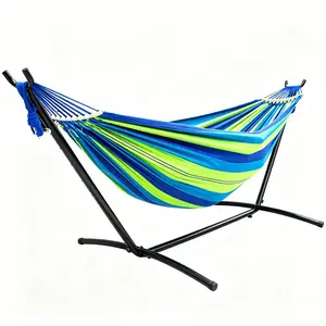 Double Hammock with Complete Steel Stand, 450lb Weight Capacity, Equipped with 2 Anti Roll Balance Beams and Premium Carry Bag, Sturdy Outdoor Hammock Set for Relaxation