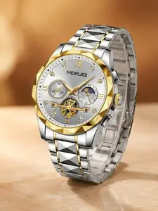 A men's fashion quartz watch with a two-tone metal strap, hollow design, Roman numeral markers, moon phase display, chronograph function, suitable for business and casual wear, versatile men's wristwatch, trendy, simple, stylish, and unique for daily wear