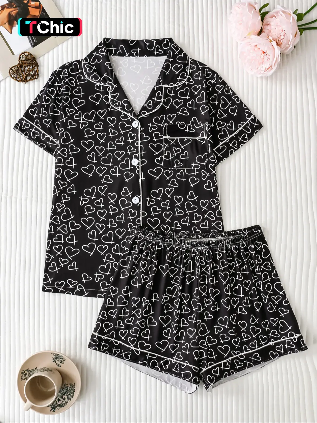 Women's Valentine Love Heart Print Pajama Set, Elegant Fitted Short Sleeve Button Top & Comfortable Loose Shorts, All Seasons Sleepwear