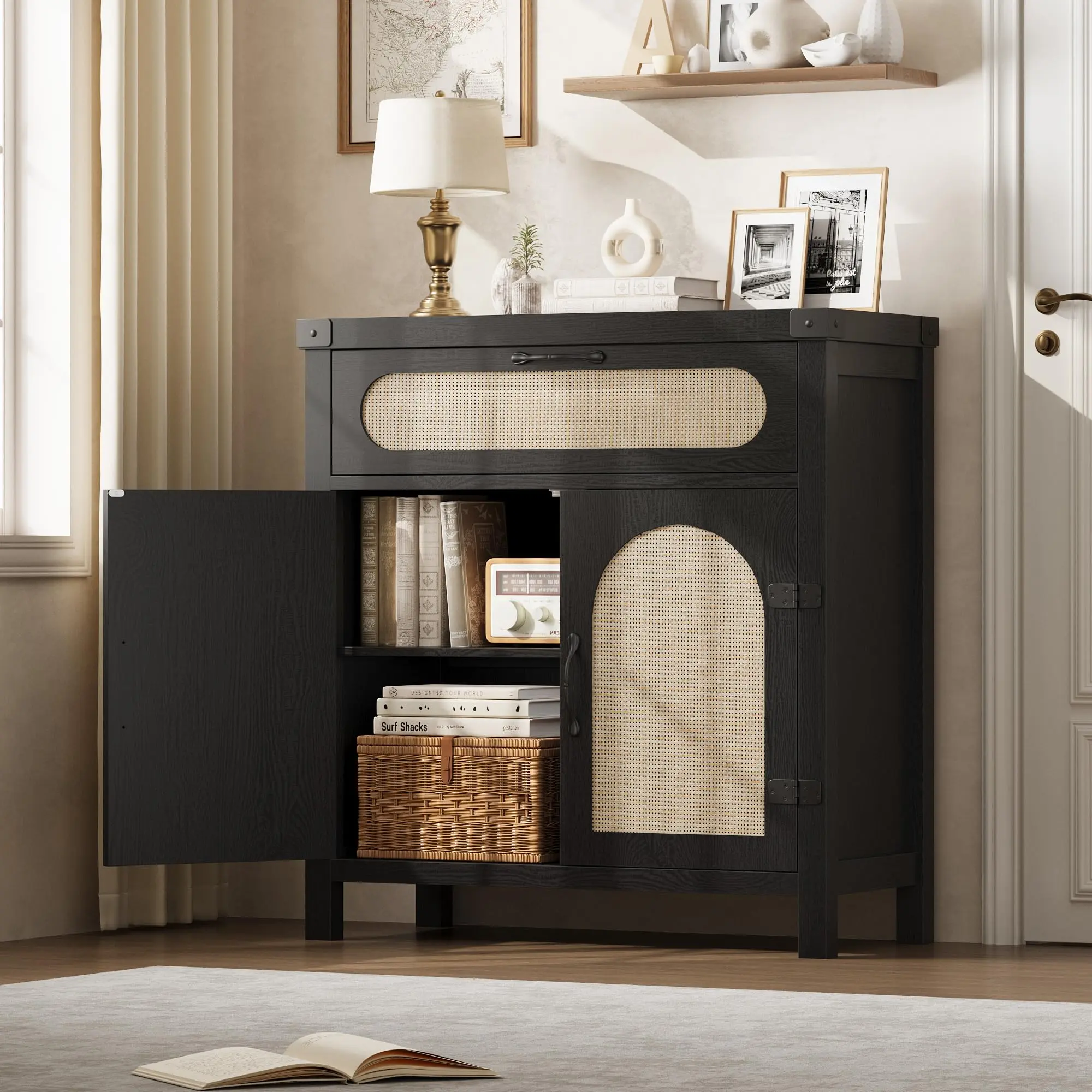 Garvee 29.9 in Small Rattan Buffet Cabinet with Storage, Kitchen Coffee Bar Cabinet with Doors and Drawer, Boho Farmhouse  Sideboard with Adjustable Shelves and Handle for Living Room, Black