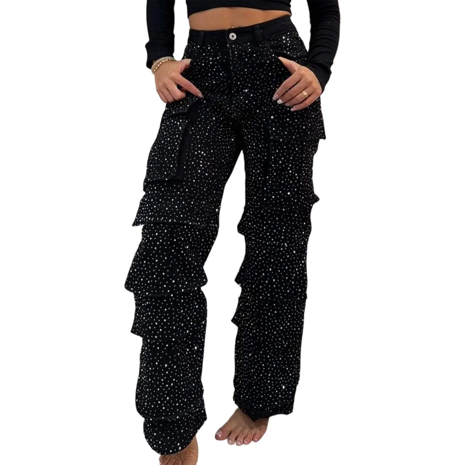 LETSVDO Women's Rhinestone Cargo Bottoms - High Waisted, Baggy Wide Leg, Stretch Denim Pants with Shine Bright Glitter Bling, Rave & Sparkly Trousers, Rave Pants