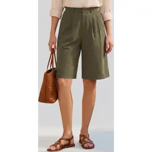 Womens Summer Bermuda Shorts Dressy Casual High Waisted Wide Leg Knee Length Work Shorts with Pockets