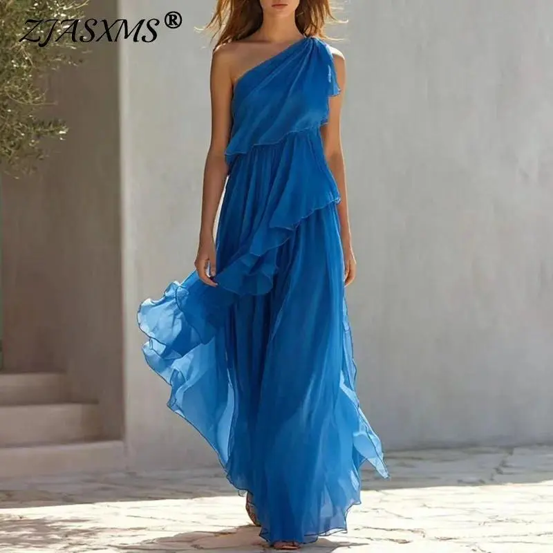 Elegant One Shoulder Tiered Ruffle Maxi Dress Women Asymmetrical Flowy Formal Dress Evening Party Bridesmaid Wedding Guest Dress