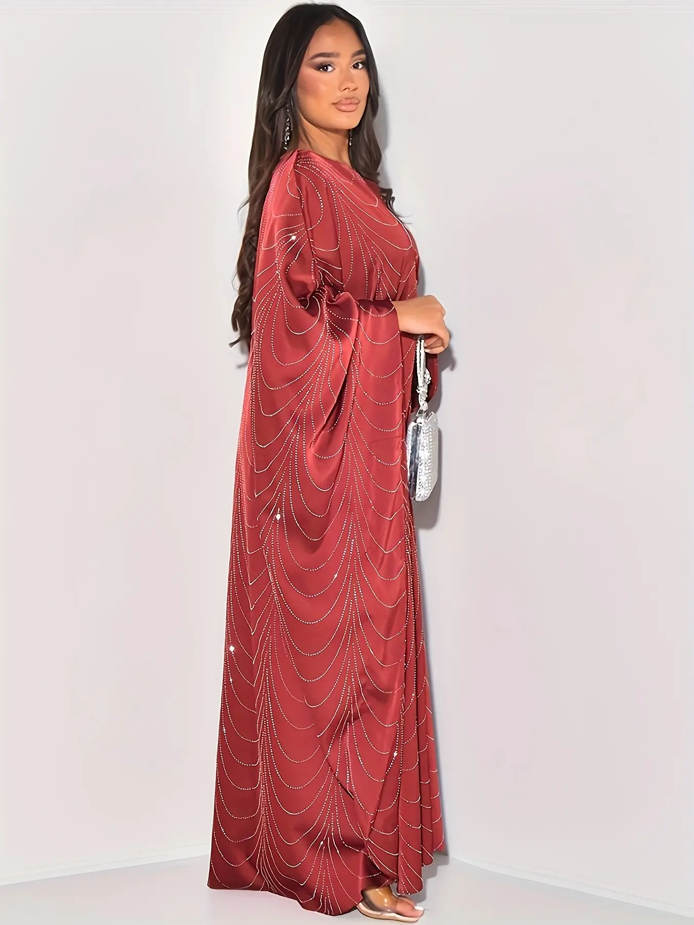 New Muslim Modest Rhinestone Long Sleeve Abaya Coat, Elegant Belted Long Robe, Comfortable Loose-Fit, All-Season Fashion