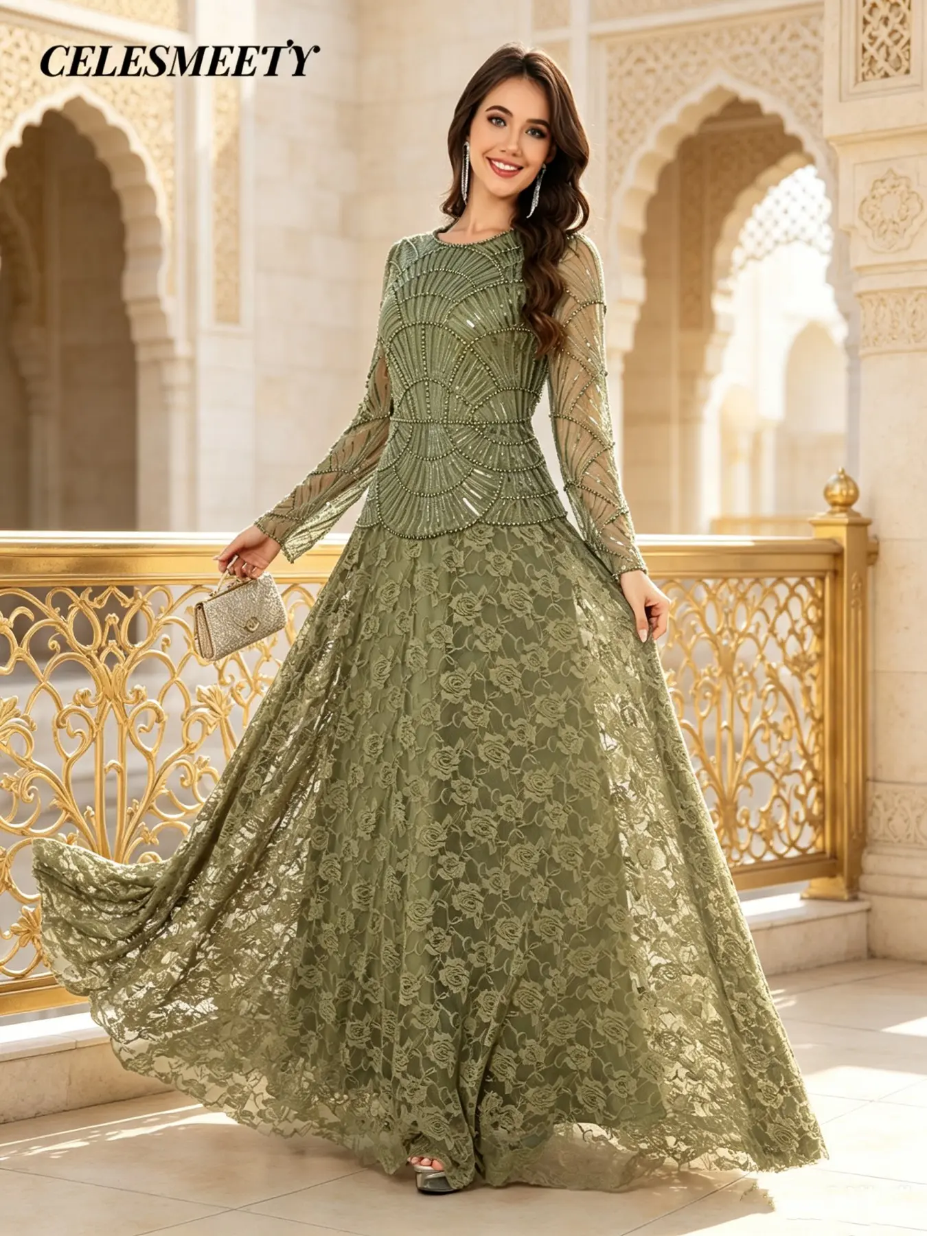 Celesmeety Women's Floral Lace Long Dress, Long Sleeve, Elegant Sequin Design, Formal Wear for All Seasons, Comfortable Fit, Ideal Gift