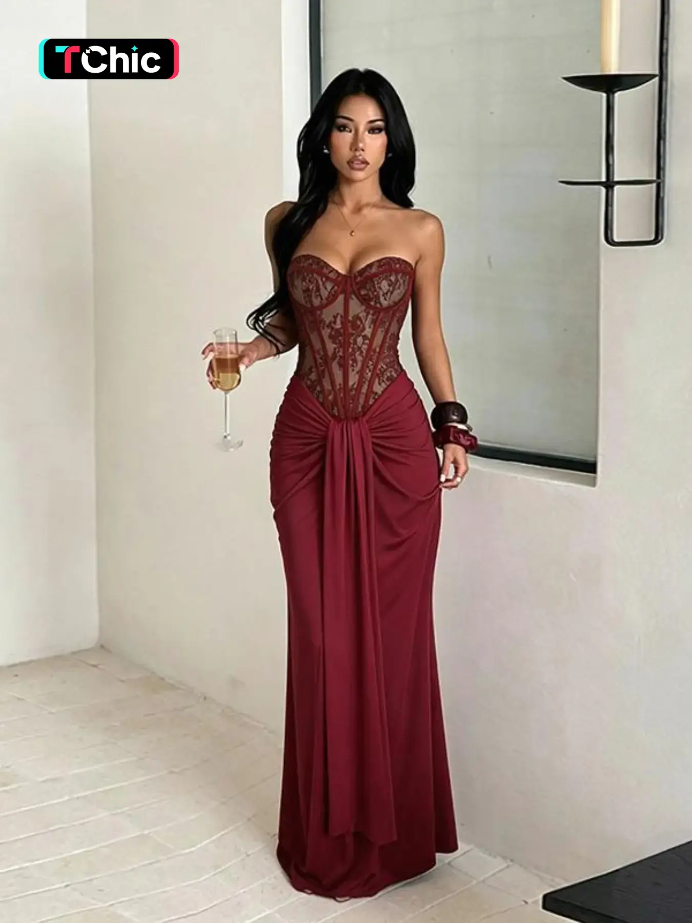 Elegant Waist Cinched Lace Patchwork Strapless Corset Evening Dress, Smooth Satin Material, Perfect for Special Occasions, Stylish and Comfortable Design