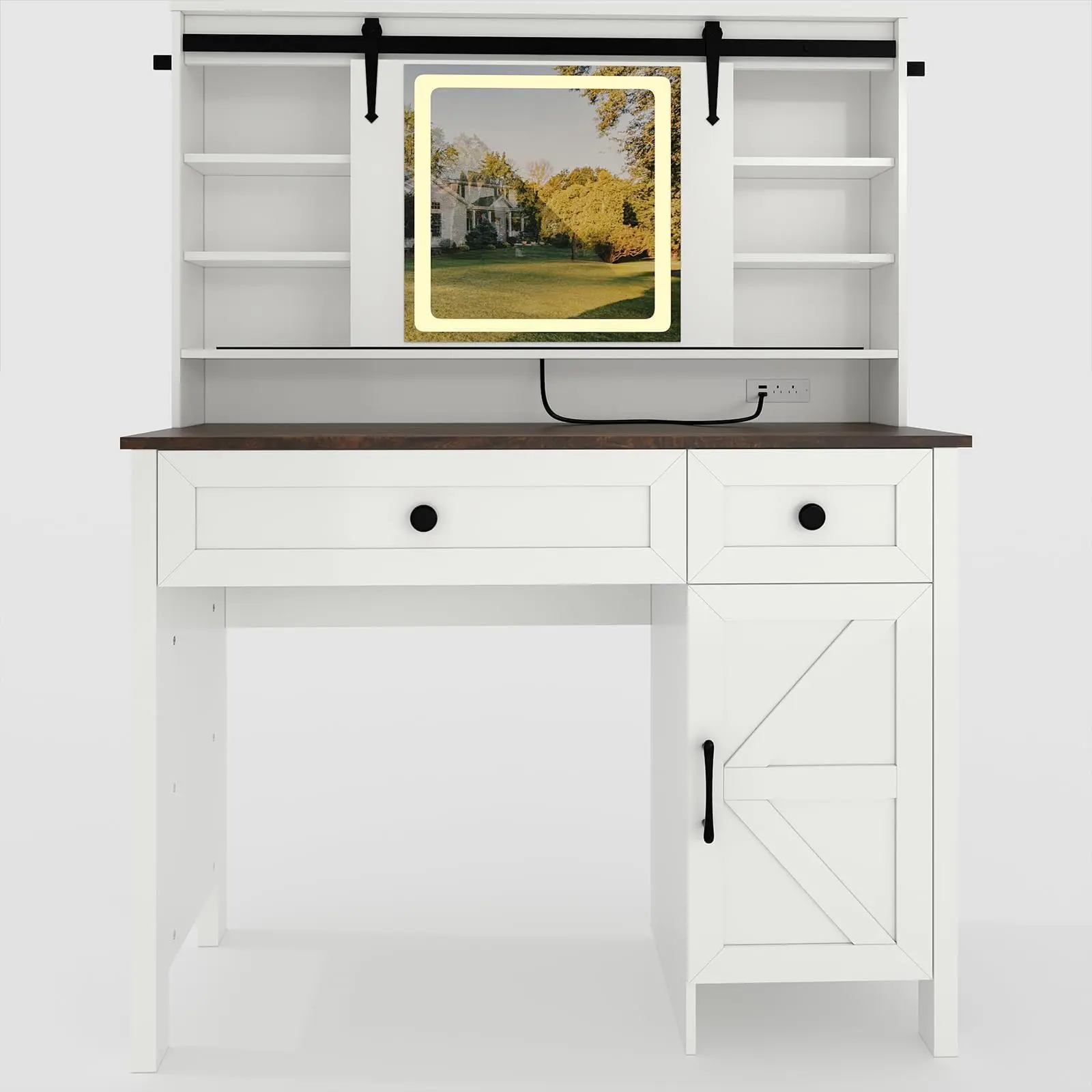 LED Lighted Makeup Vanity Desk with Charging Station, 3 Drawers, Storage Cabinet, Open Shelves & Stool, Contemporary Bedroom Dressing Table for Women and Teen Girls