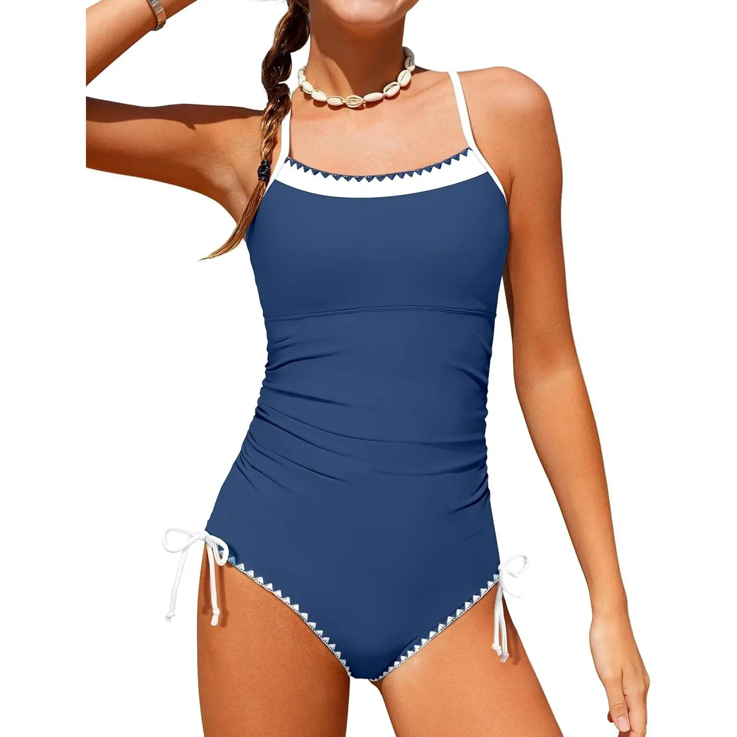 Girls Swimsuit One Piece Modest Girls Bathing Suit Solid Square Neck Ruched Adjustable Straps Padded Swimwear 9-16y