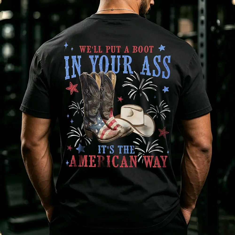 Men's Vintage American Cowboy Graphic Cotton Menswear T-Shirt - 4th of July Patriotic Print, Retro Gothic Boot & Hat Design, Round Neck, Relaxed Fit, Lightweight, Breathable, Stretch Fabric, Unisex Oversized Short Sleeve Everyday Casual Tee (3XL, 4XL)