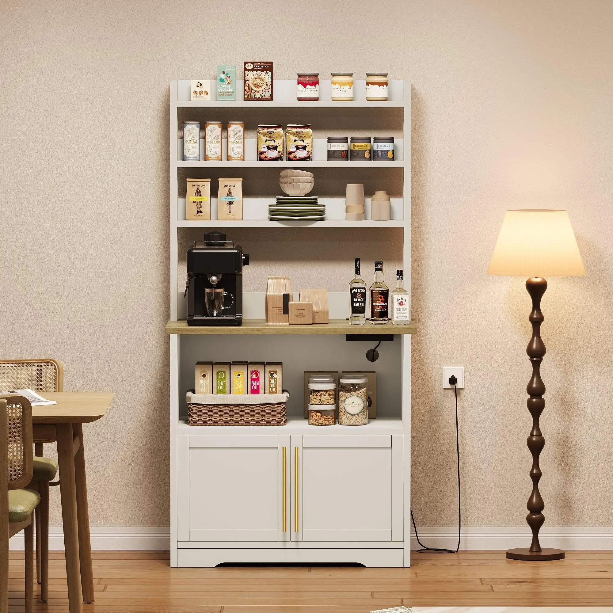 GARVEEFarmhouse Tall Large Kitchen Microwave Stand with Thickened Counter, 4-Tier Storage, Power Outlet, Cupboard, and Floor Cabinet in Rustic Gray for Living Room