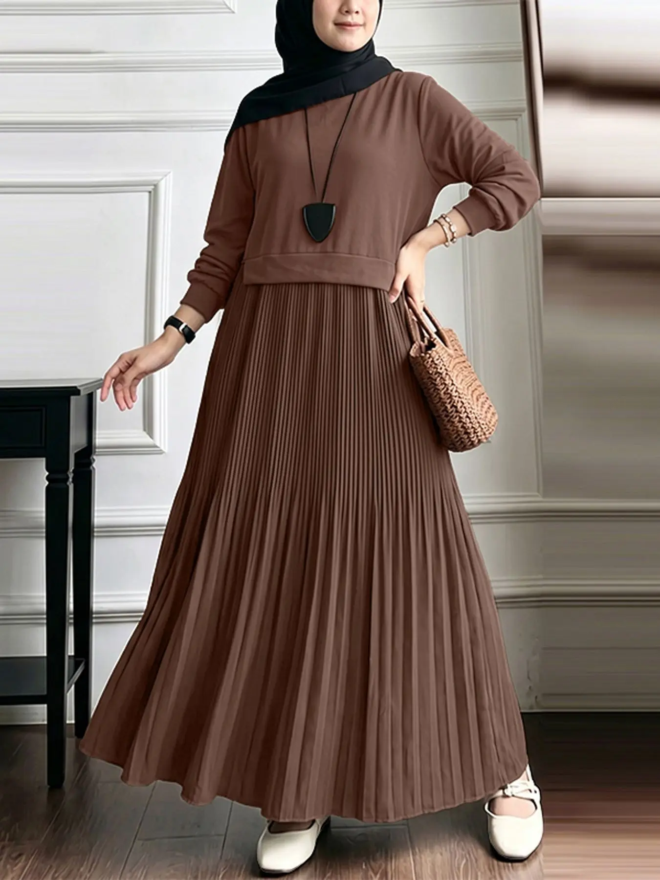 Women's Round Neck Long Sleeve Asymmetrical Patchwork Dress, Modest Style, Casual Loose-Fitting Plain Design, Spring & Fall Fashion, No Pockets, Long Sleeve Dresses