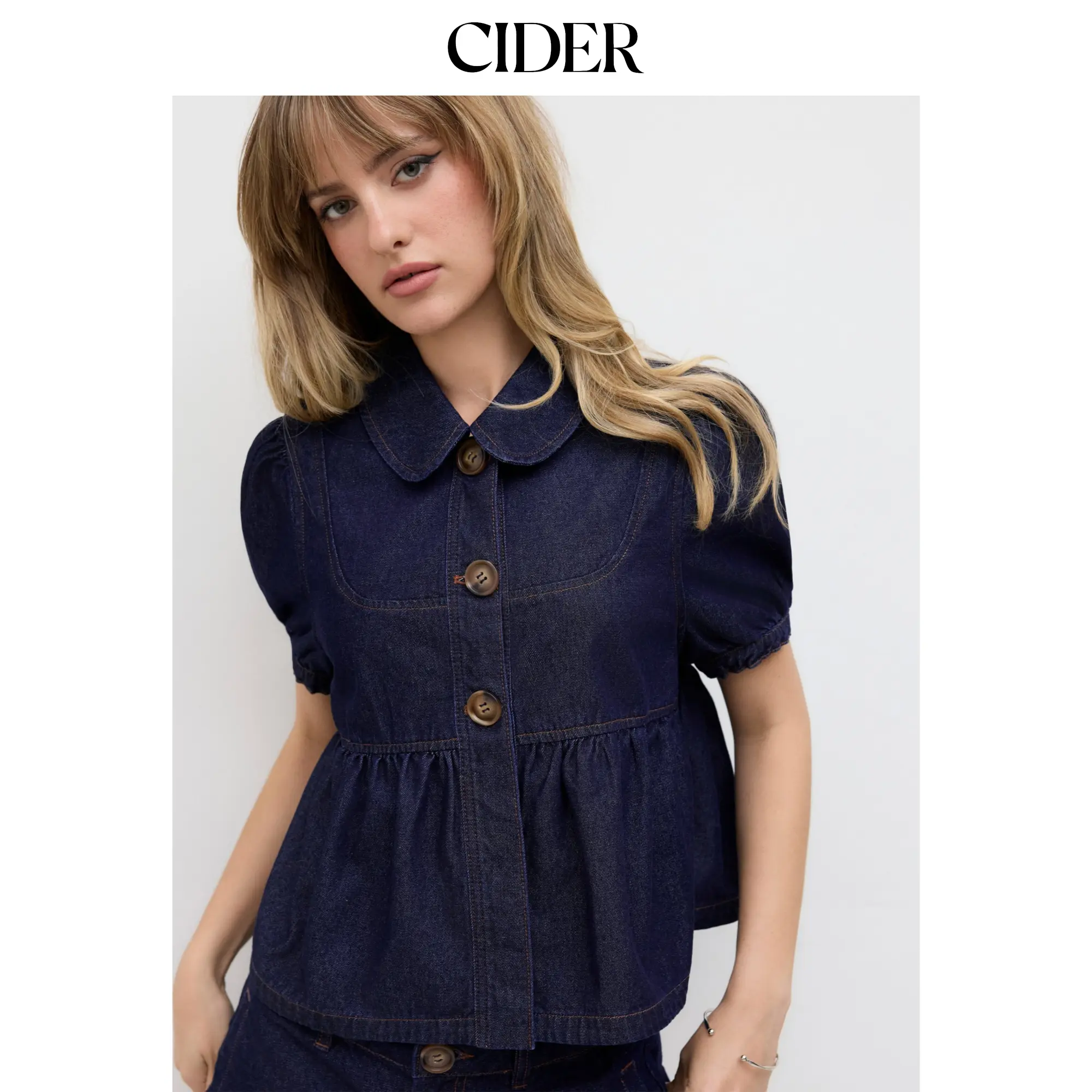 Cider Denim Peter Pan Collar Ruched Puff Sleeve Blouse