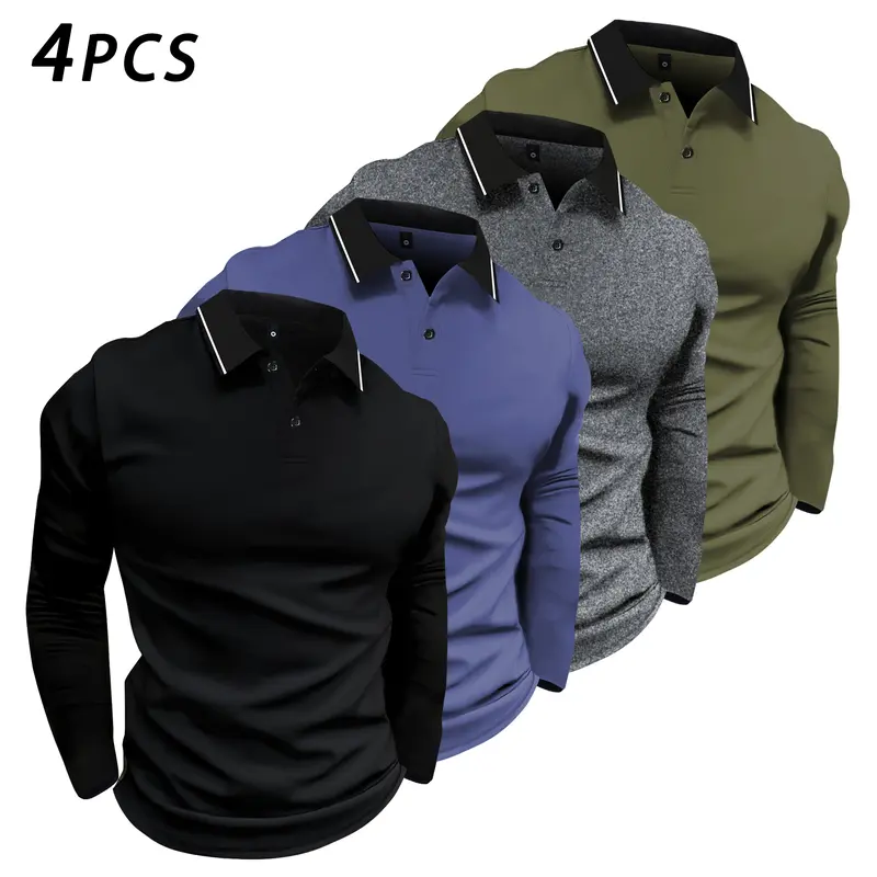 4-Pack Men's Long Sleeve Polo Shirts, Casual Collared Golf Shirts with Contrast Stripe Collar, Button Placket Tops for Business Casual Work, Travel, Fall Winter Outfits and Gifts for Men