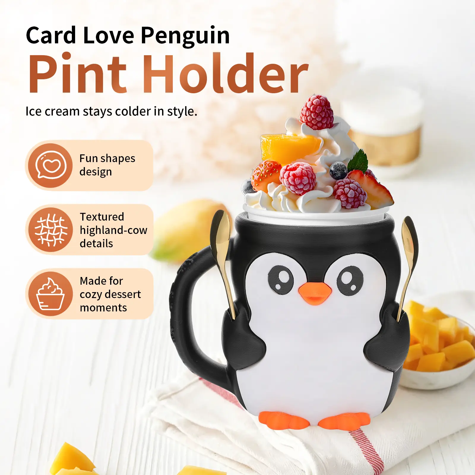Cartoon Penguin Ice Cream Cup Set - 16oz Paper Pint Cup Compatible, Double-Hand Spoon Storage, 3D Cute Holder, Reusable Home Afternoon Tea Gift Toy Drinkware Tumbler Mug Washable Ceramic