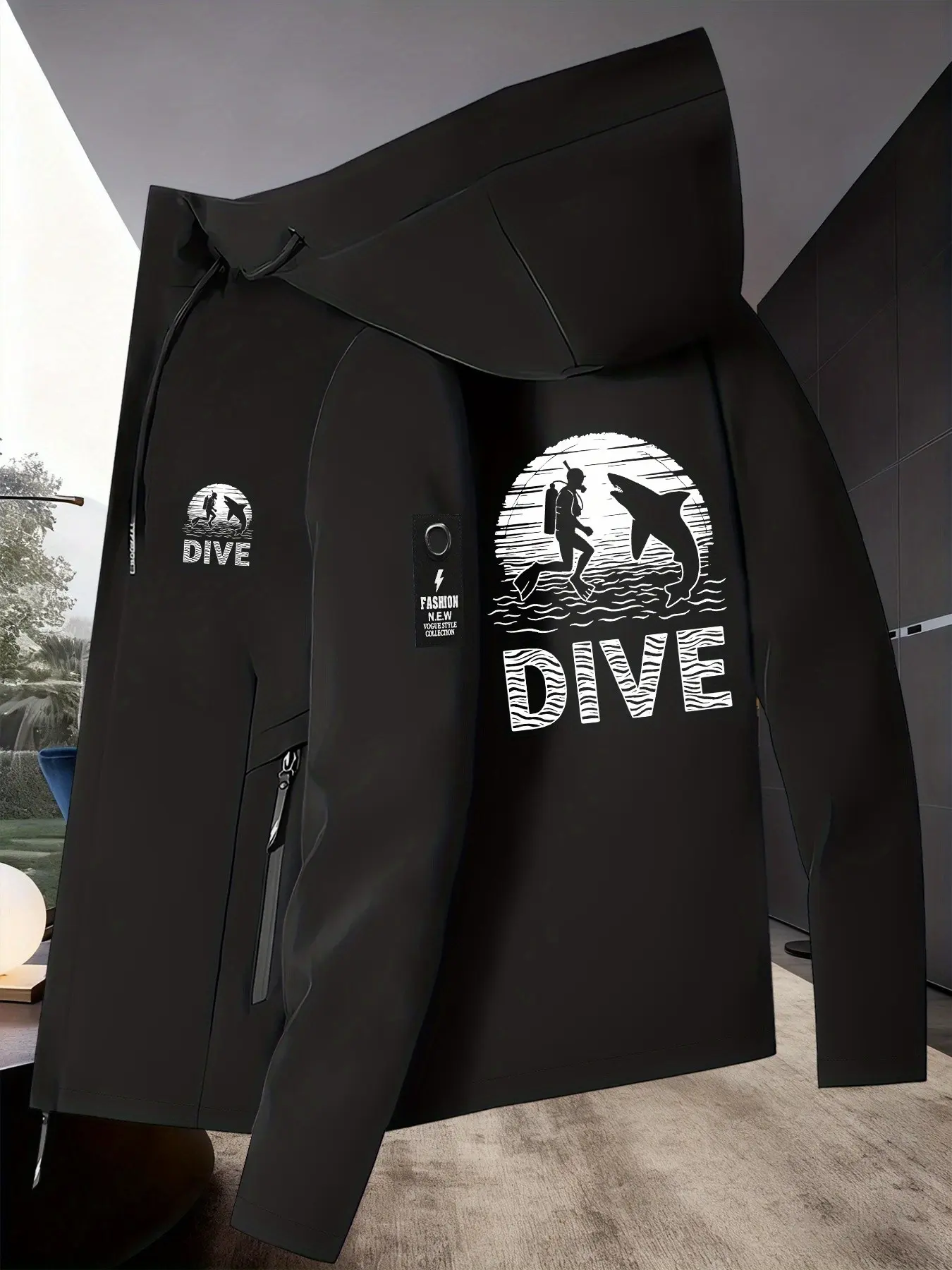 Dive Shark Outdoor Theme Print Windproof Jacket, Ideal for Lightweight Activities Like Hiking, Camping, and Daily Use