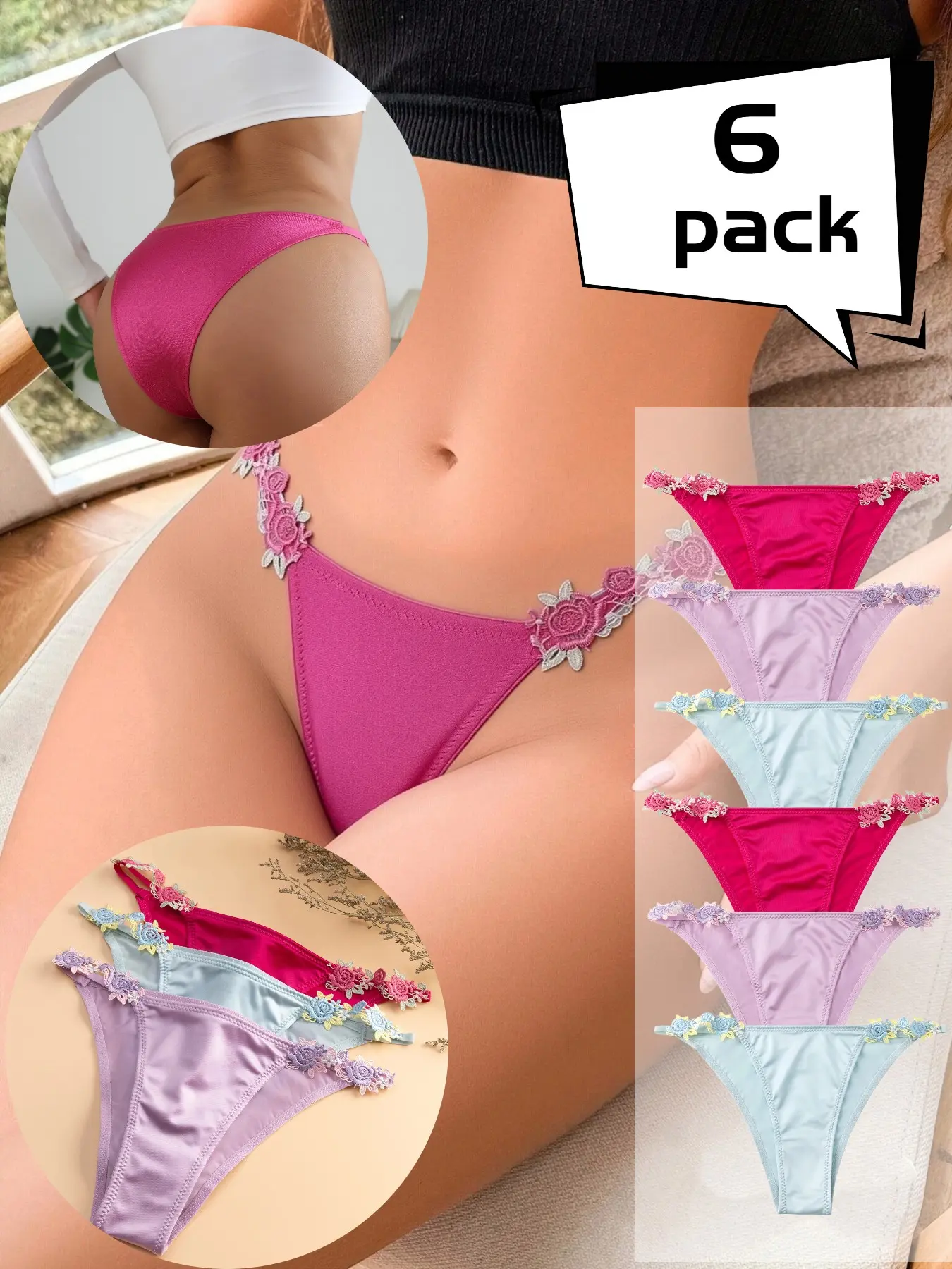 Embroidered Floral Low-Waist Bikini Underwear for Women, Fashionable Thin Straps Satin Skin-Friendly Seamless Fabric, Comfortable All-Day Wear, Summer Set of 6