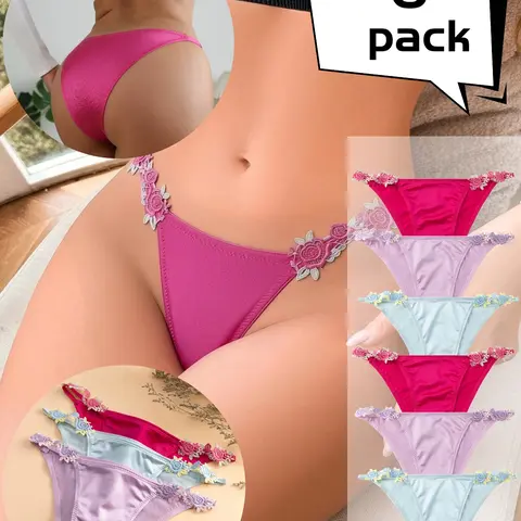 Embroidered Floral Low-Waist Seamless Bikinis Underwear for Women, Fashionable Thin Straps Satin Skin-Friendly Seamless Fabric, Comfortable All-Day Wear, Summer Set of 6