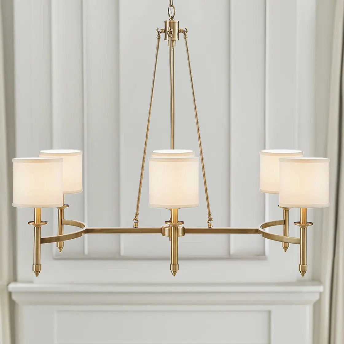 Nokaa 6-Light Chandelier with Fabric Drum Shades Antique Gold Finish Transitional Pendant Light Fixture for Dining Room Living Room Kitchen Island Hallway Entryway Ceiling Lighting Decor, Multiple Options