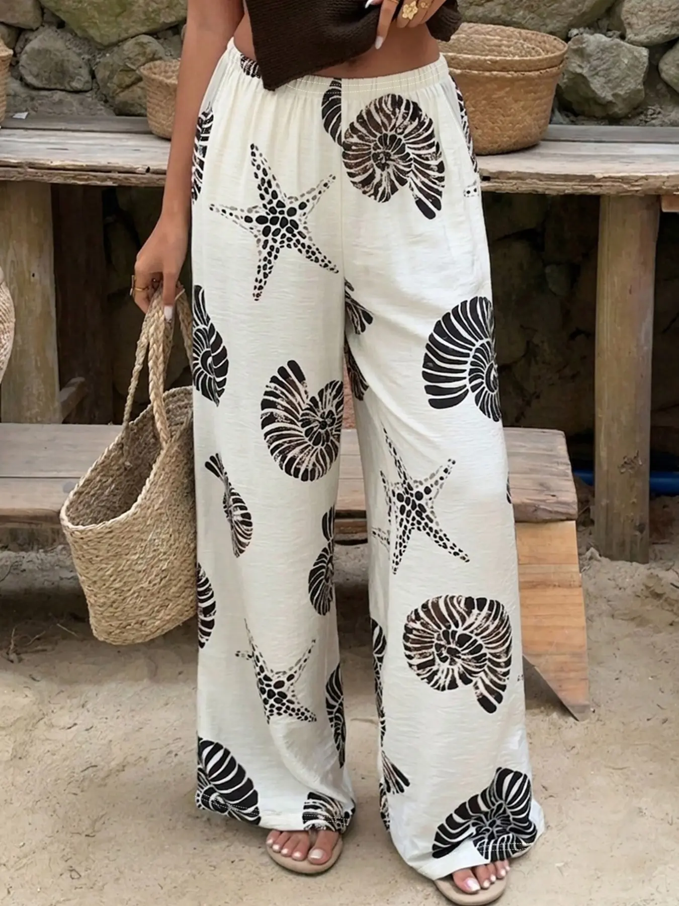 Women's Starfish Conch Print Wide Leg Pants, Summer Casual Bottom Long Trousers, Perfect for Daily Commute and Home Relaxation