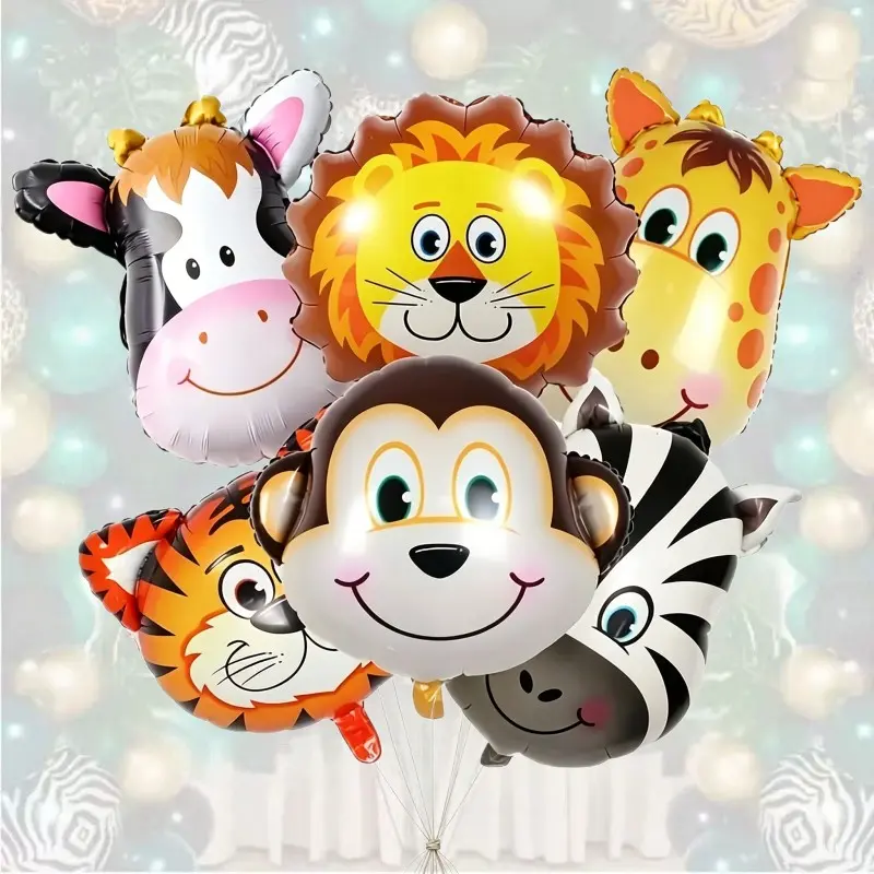 6 Piece Mini Forest Animal Head Balloons, Lion Tiger Monkey Giraffe Cow Zebra Design, Birthday Party Decor, Festival Supplies, Easter Room Decoration, Balloon Decorations