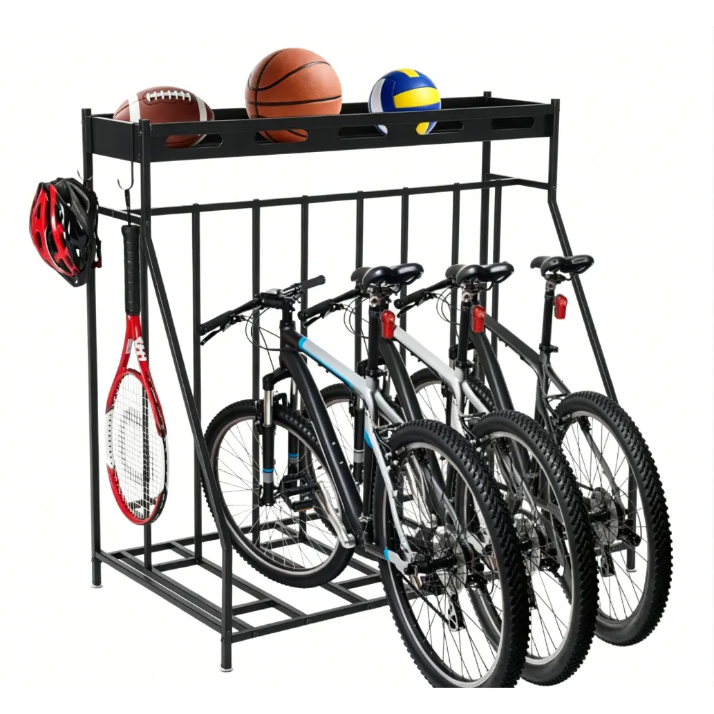 4 Bike Rack Floor Stand with Baskets, Metal Bicycle Organizer for Garage | Bike Storage Organizer Indoor Parking Station, Fits Mountain Road & Hybrid Bikes, Additional Storage Rack