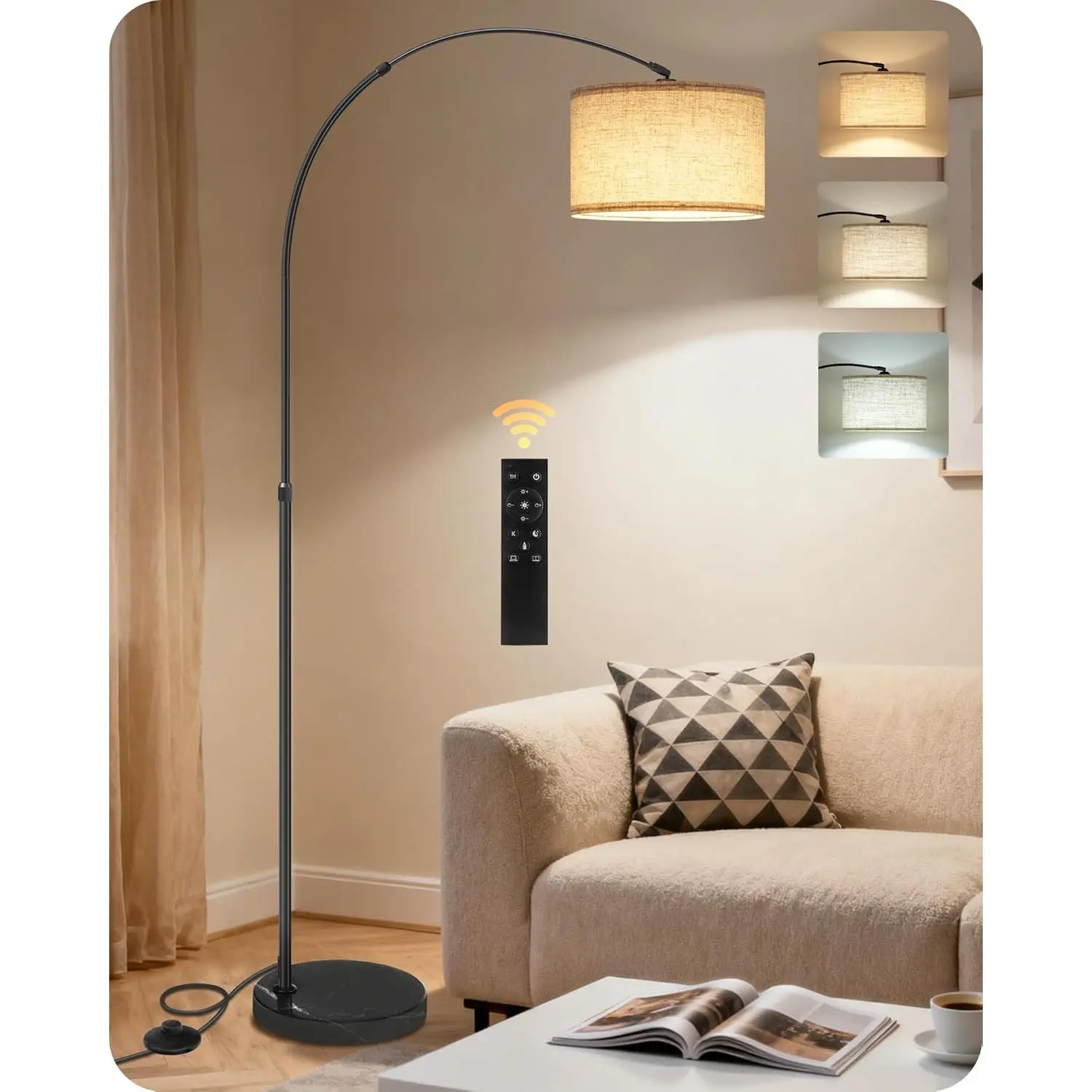 75 in Mid-Century Arc Floor Lamp with Marble Base, Adjustable Height, 350° Rotating Hanging Shade, Dimmable LEDs, Remote Control & Foot Switch, 3CCT Over Couch Reading Light E15LD05
