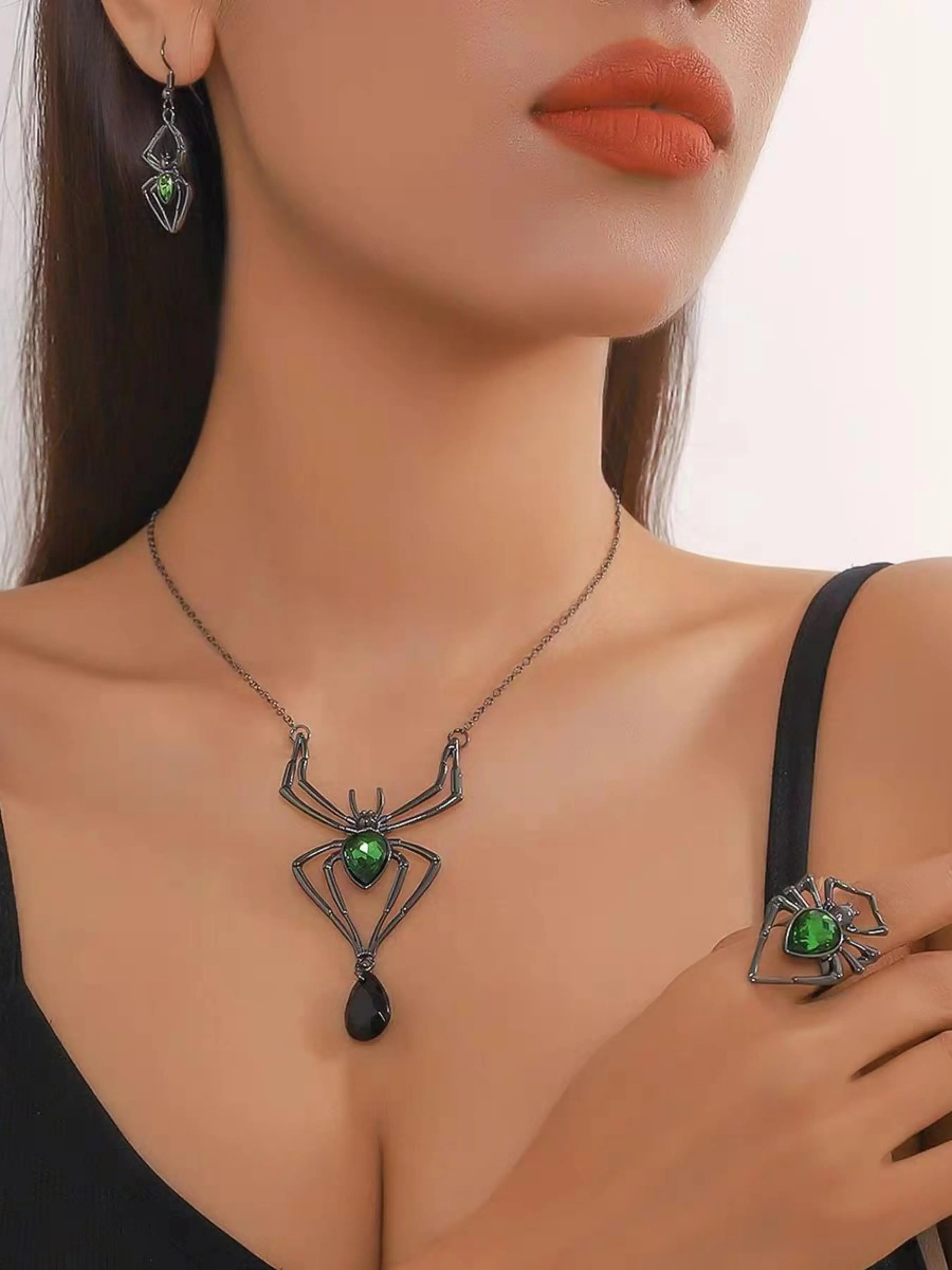 Halloween Jewelry Set, Bold Spider Necklace Earrings Rings, Fashion Accessories, Perfect for Daily Wear, Party, Gift Idea