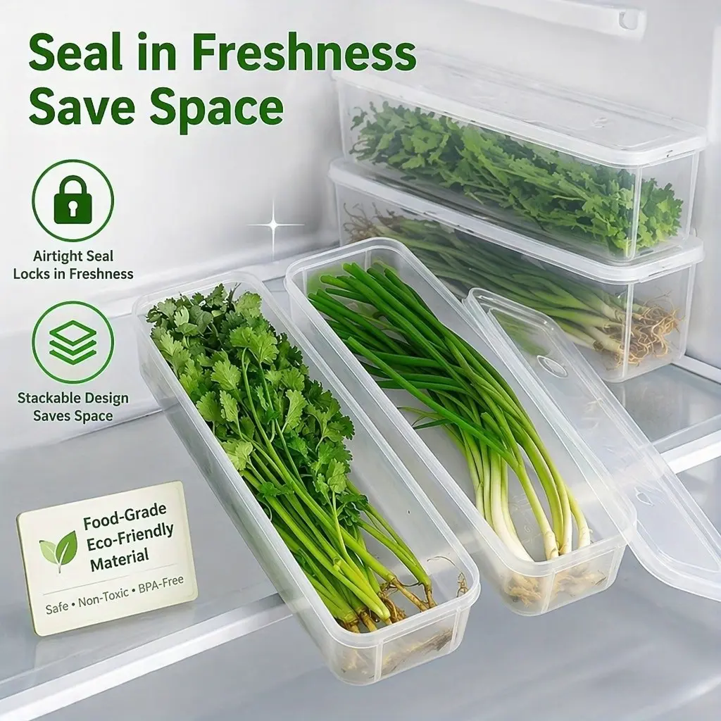 Long plastic food storage containers in packs of 1, 2, 3, 4, or 5; ideal for vegetables – refrigerator storage containers suitable for cilantro, scallions, mint, and more – durable, airtight kitchen organizers; no batteries required
