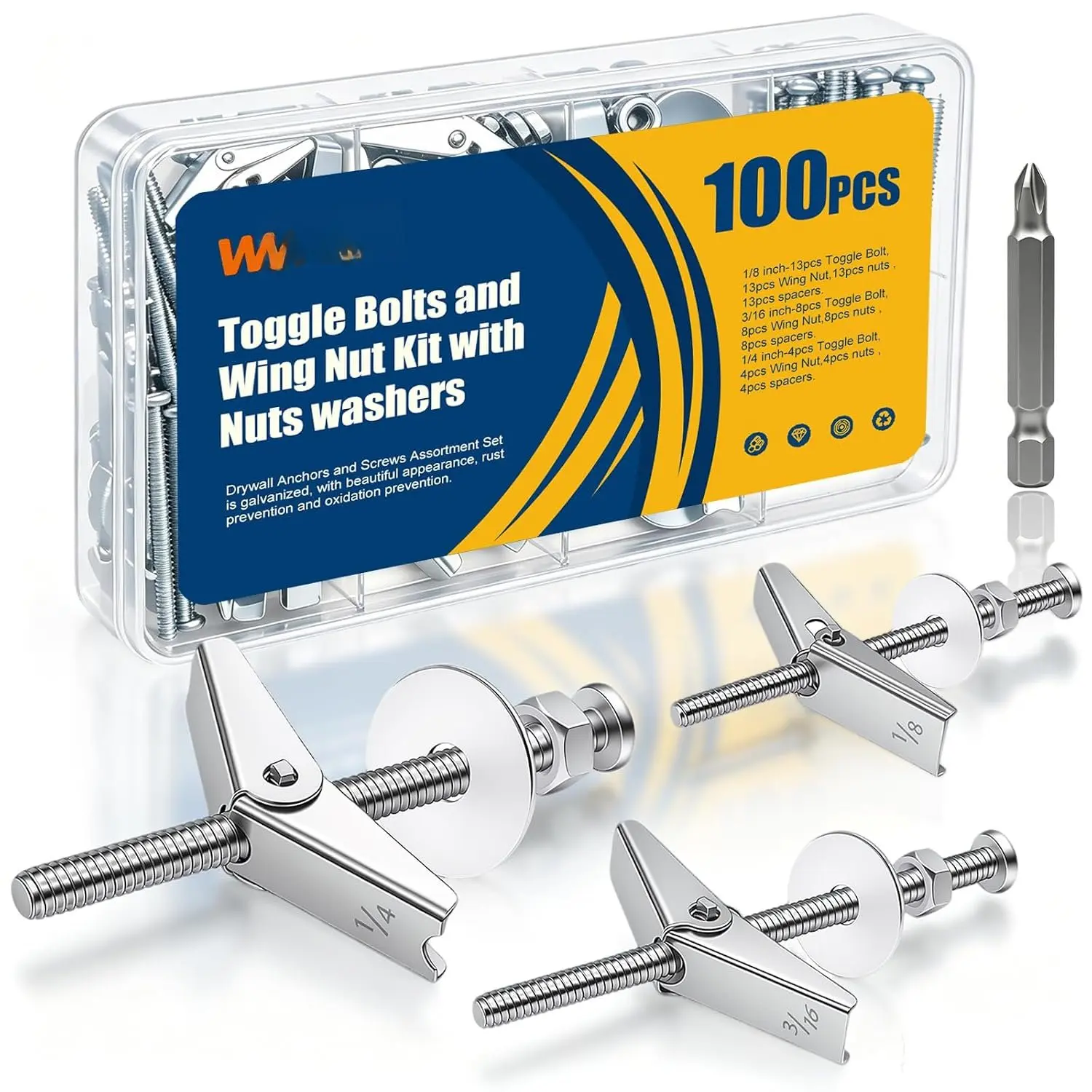 100 count Toggle  1/8" 3/16" 1/4" Heavy Duty Drywall Anchors and Screws  Set Toggle  and Wing Nut Kit with Nuts washers (25sets) K-136