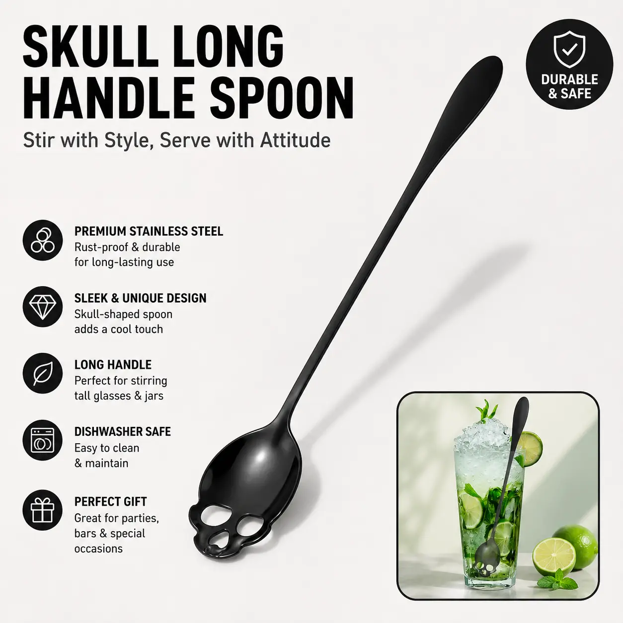 Skull Shaped Gothic Halloween Ice Tea Spoon, 1/2 Counts Stainless Steel Coffee Stirring Spoon, Kitchen Accessories Tableware for Home Cafe Bar, Party Supplies, Utensils, Spoons Stainless Steel-YY0