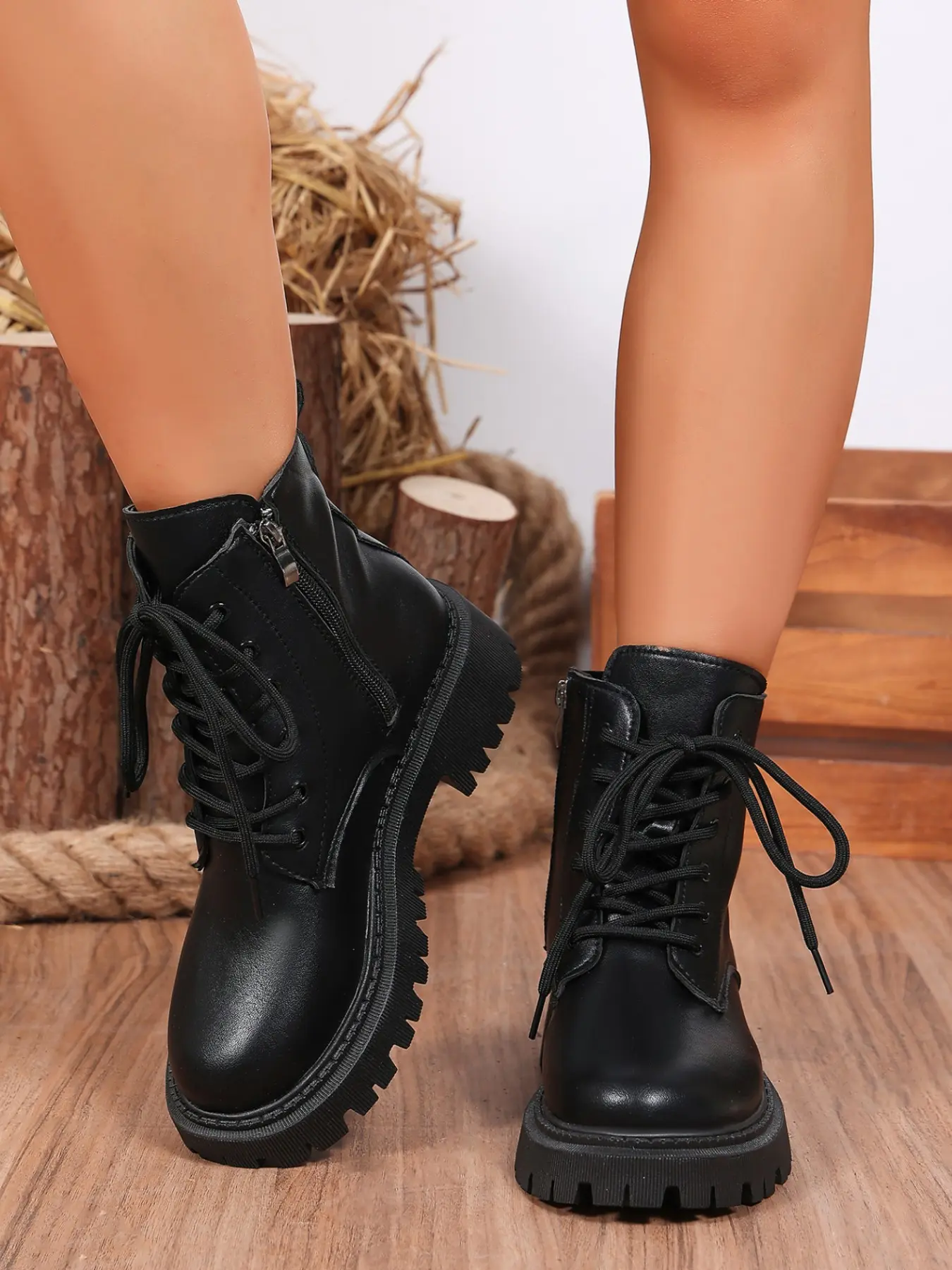 Women's Fall Winter Thick Sole Boots, British Style Laces Side Zipper Short Calf Motorcycle Boots, Anti-Slip Platform Heel, Zipper Design Boots