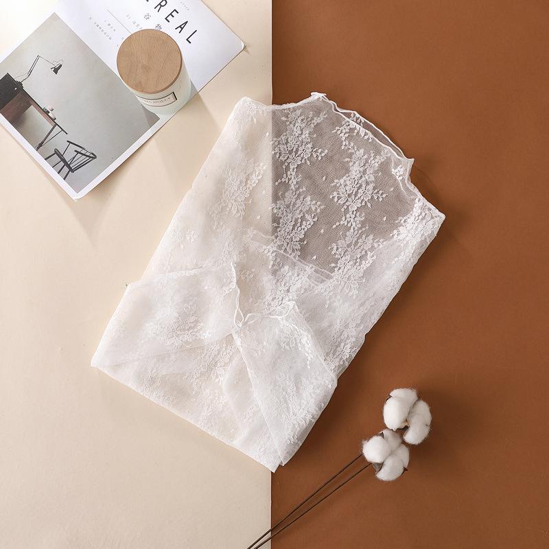 3PCS Black White Coffee Women Half High Collar Mesh Bottomed Blouse Shirt Lace Ear Edge Hollow Long Sleeve Lace Top, Longsleeves, Women's Clothes, Tops For Women