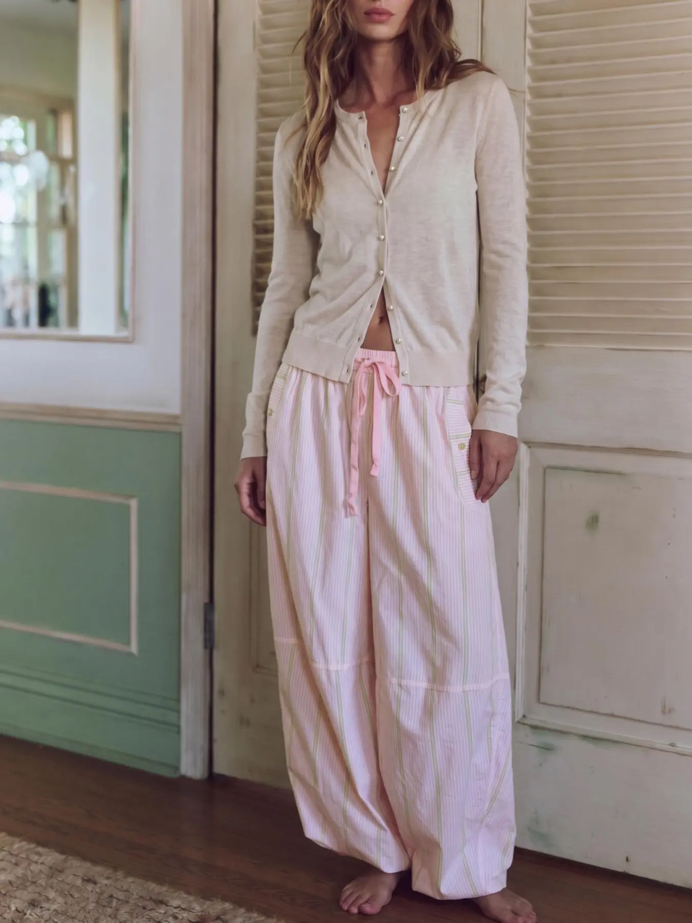Loose Striped Casual Pants, Adjustable Drawstring Waist Long Pants, Millennial Style Home Wear, Daily Leisure Long Pants, Soft Striped Women's Pants
