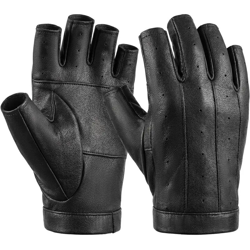 Fingerless Leather Gloves for Men & Women, Breathable Driving Gloves |   Sheepskin Leather Gloves with Comfort for Driving, Motorcycling Summer Riding, Outdoor Activities and Everyday Wear, Black