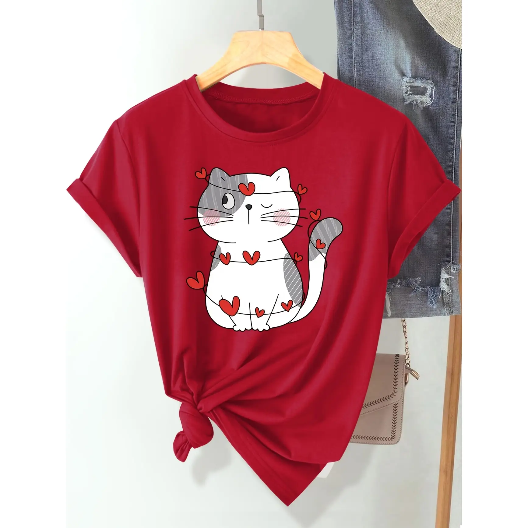 Heart String Wink Cat Graphic Oversized Comfort Cotton T Shirt, Valentine Fashion Outfit, Perfect Valentine Gift For Her, Cute Love Graphic Tee Present For Girlfriend Best Friend