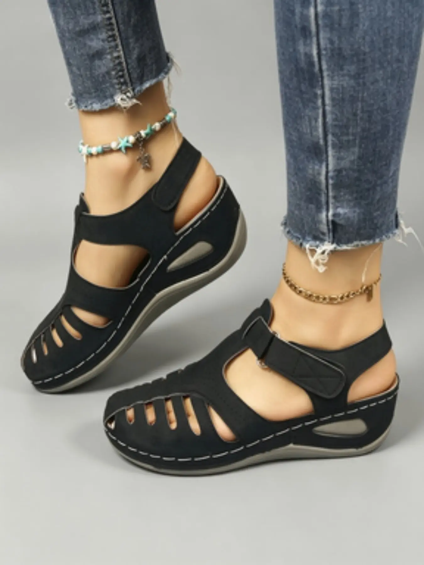 2026 ! Hollow Out Velcro Elevated Wedge All Match Sandals, Soft Sole Anti-Slip Breathable Women's Shoes, Comfortable All-Season Footwear