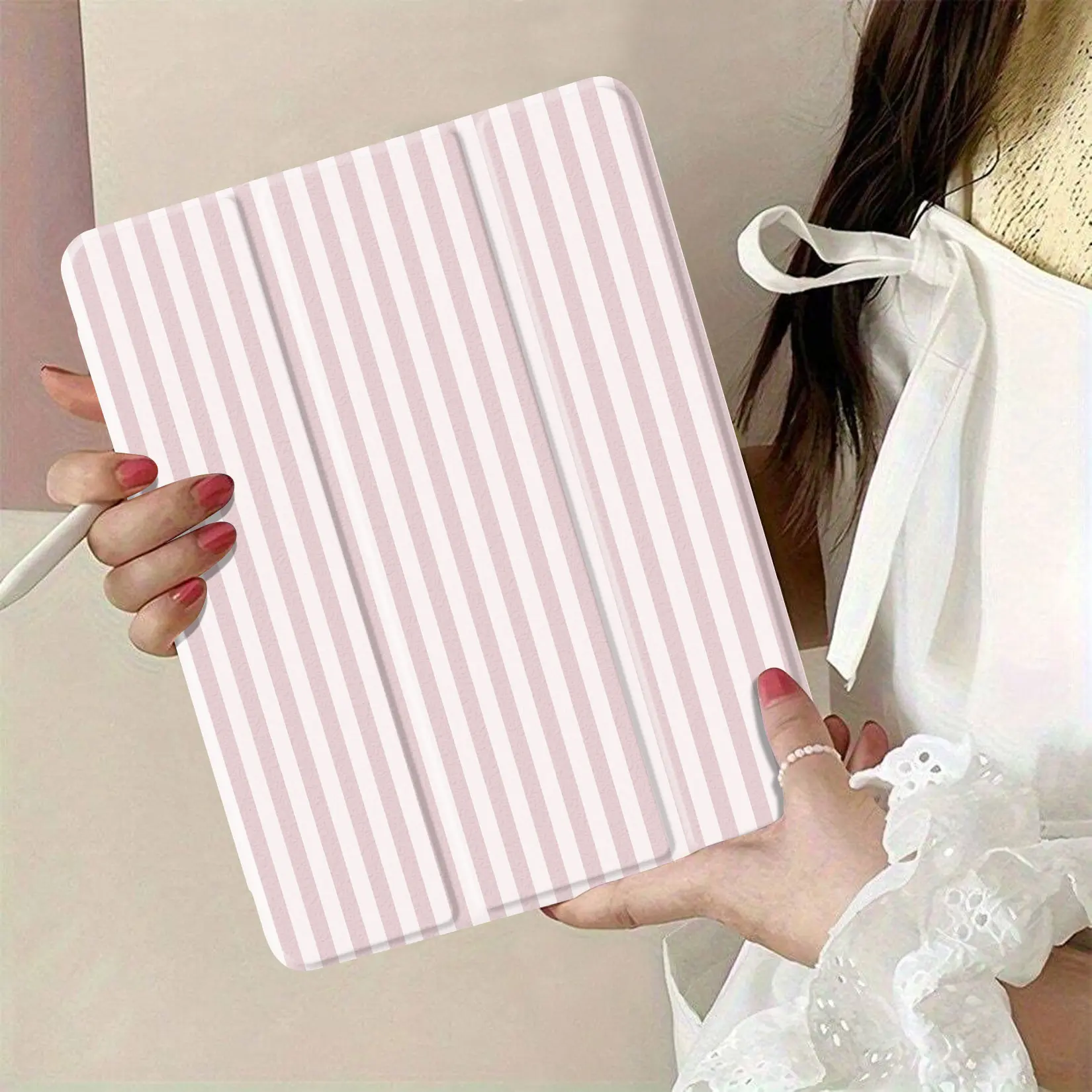 Pink Striped Soft TPU iPad Series Cover - Computer Tablet Accessory, Drop Proof Cover, Shockproof, Automatic Sleep/Wake Function, None With Protector