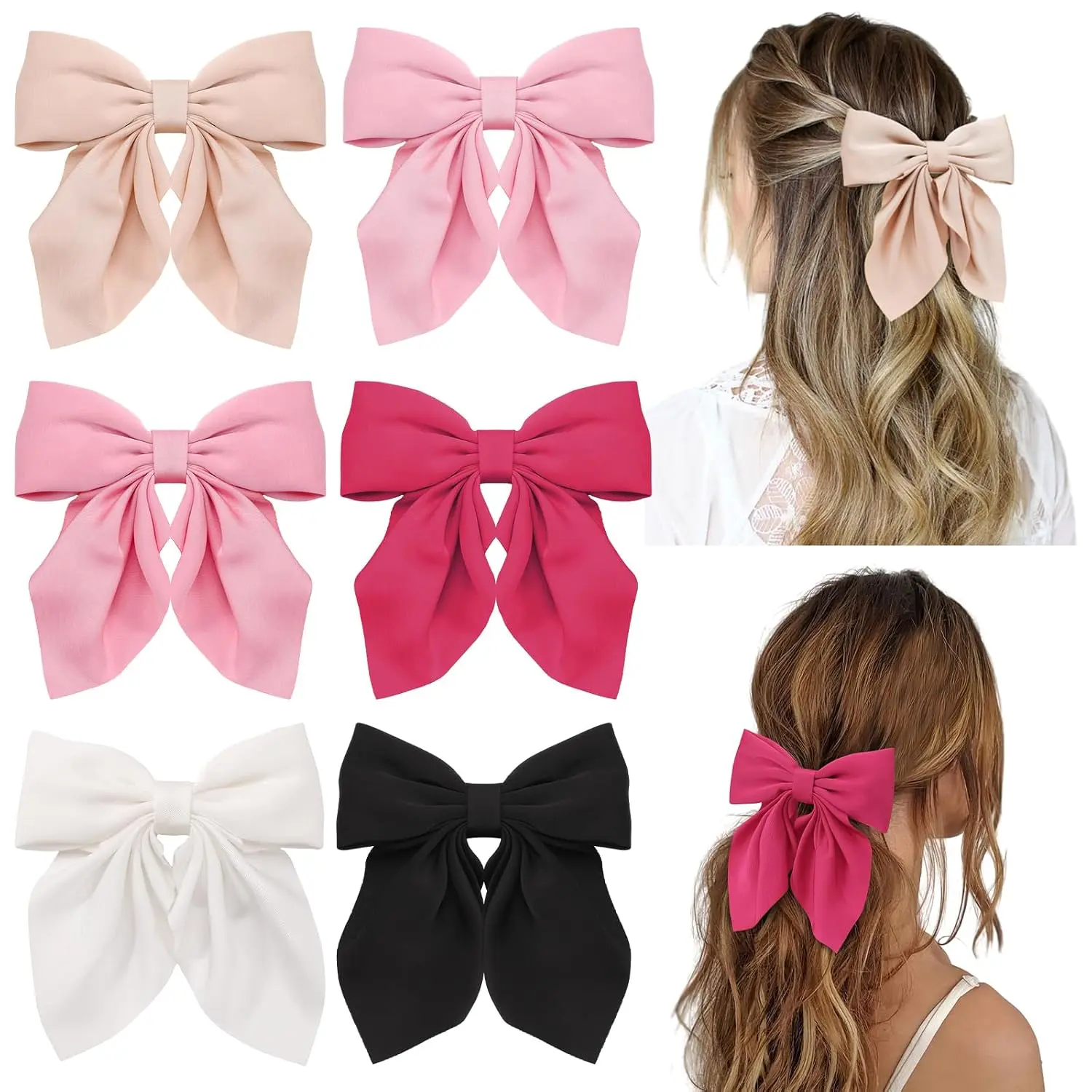 6 count Hair Bows for Women, Bow Hair Clips, Silky Satin Hair Bows for Girls,  Hair Ribbon, Cute Bow Clips for Women, Hair Accessories Gifts